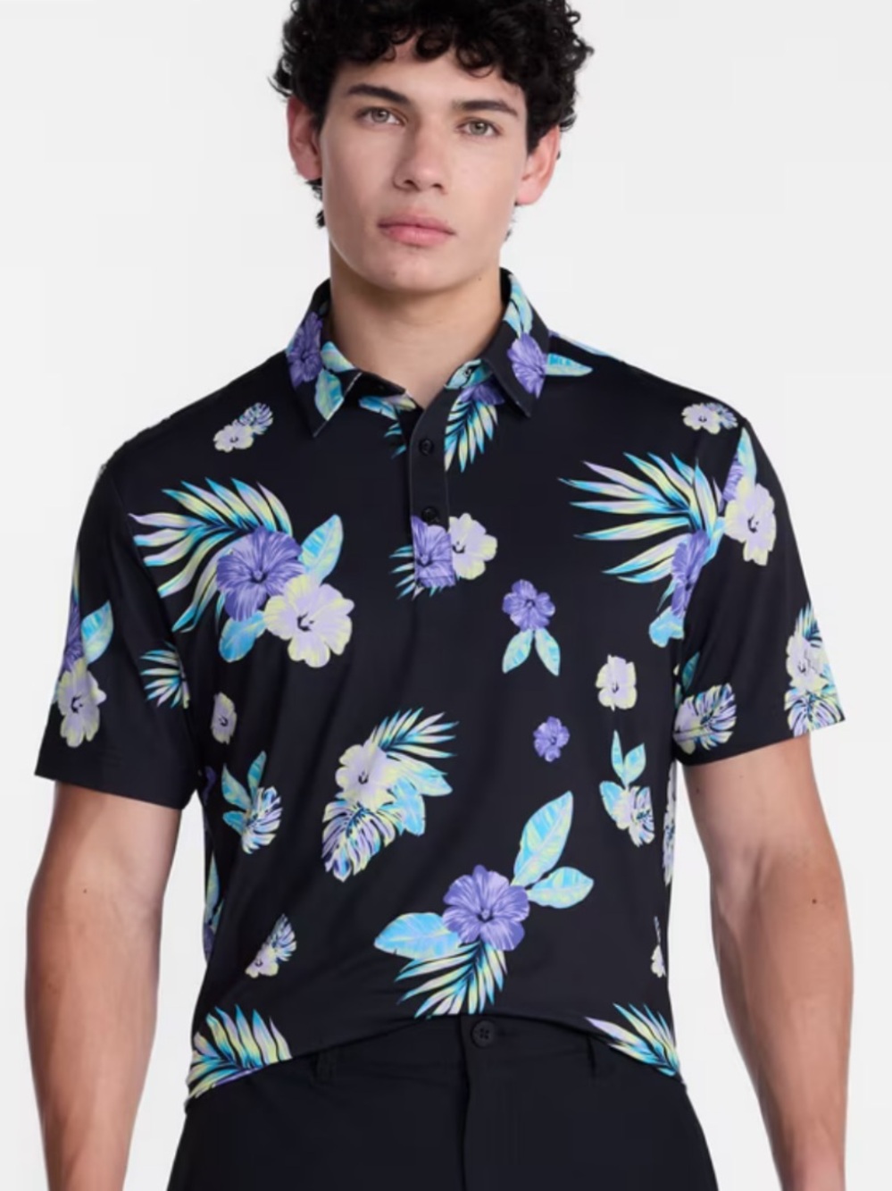 Birdie Bound Polo Black Bloom Print Performance Golf Hawaiian Men 2xl